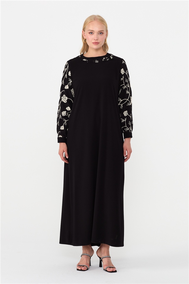 NİHAN Dress Nihan Büyük Beden Kolları Nakışlı Elbise  Siyah_modest