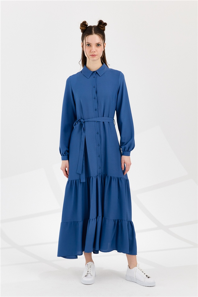 NİHAN Dress Nihan Büzgü Detaylı Uzun Patlı Salaş Elbise  İndigo_modest