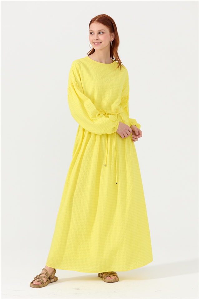 NİHAN Dress Nihan Büzgülü Kollu Elbise  Sarı_modest