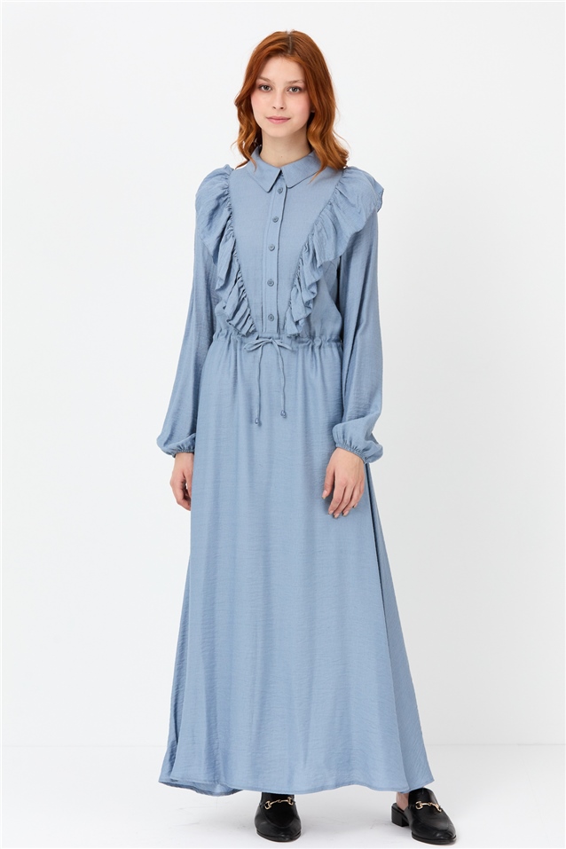 NİHAN Elbise Nihan Fırfırlı Gömlek Yaka Elbise  Açık Mavi_modest