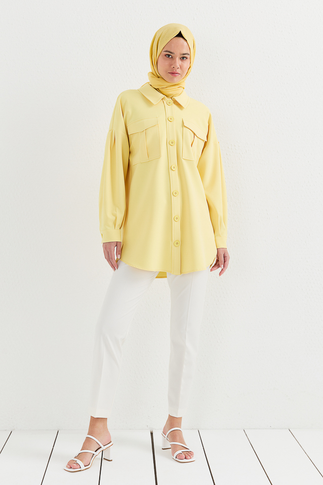 NİHAN Jacket Nihan İri Cepli Broşlu Ceket  Sarı_modest