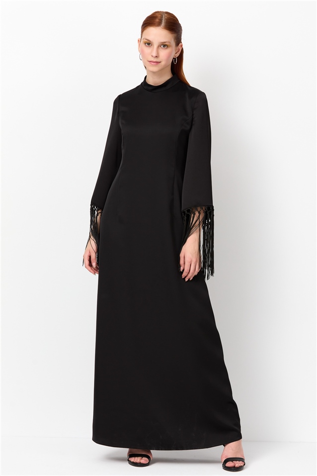 NİHAN Elbise Nihan Kolları Makrome Kuplu Şık Elbise  Siyah_modest