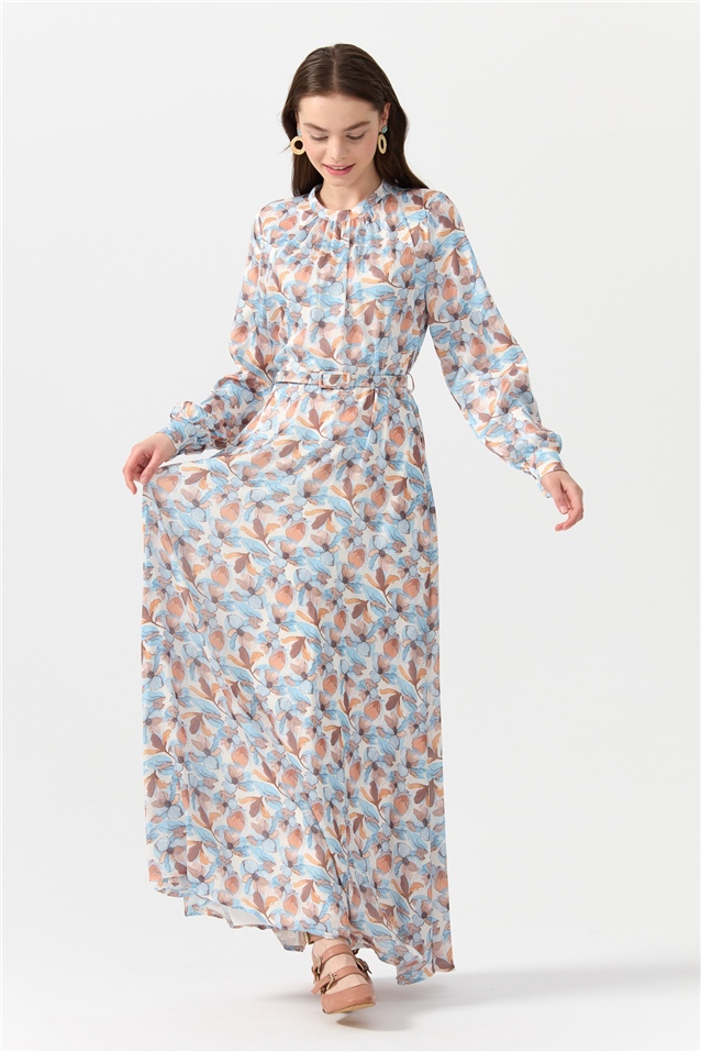 NİHAN Dress Nihan Seyyar Kemerli Floral Desen Elbise  Mavi_modest