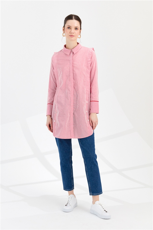 NİHAN Tunic Nihan Yanları Düğme Detaylı Gömlek Tunik  Kırmızı_modest