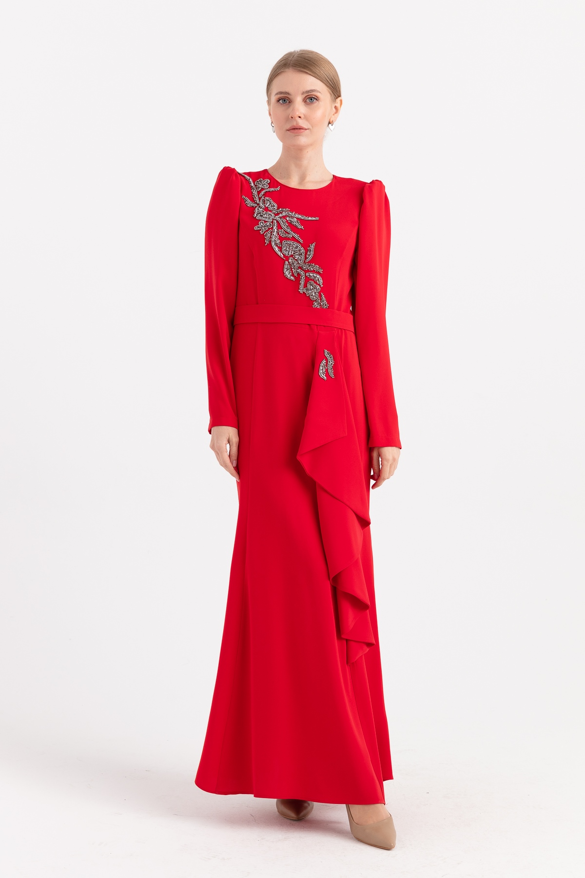 GAZELLA ELBİSE Gazella Taş Detaylı Fırfırlı Şık Elbise  Kırmızı