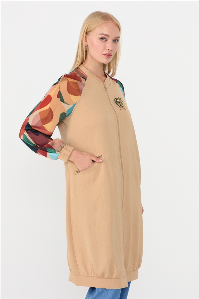 NİHAN Giy-Çık Büyük Beden Kolları Baskı Desenli Giyçık  Camel_modest