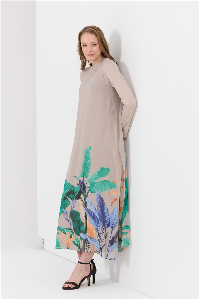 NİHAN Elbise Nihan Baskılı Şifonlu Penye Elbise  Taş_modest