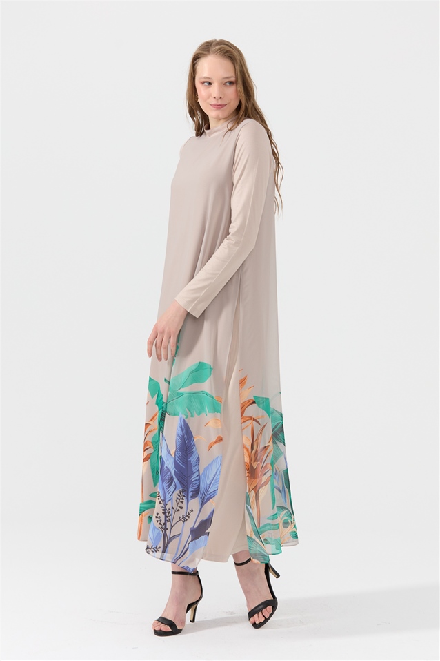 NİHAN Dress Nihan Baskılı Şifonlu Penye Elbise  Taş_modest