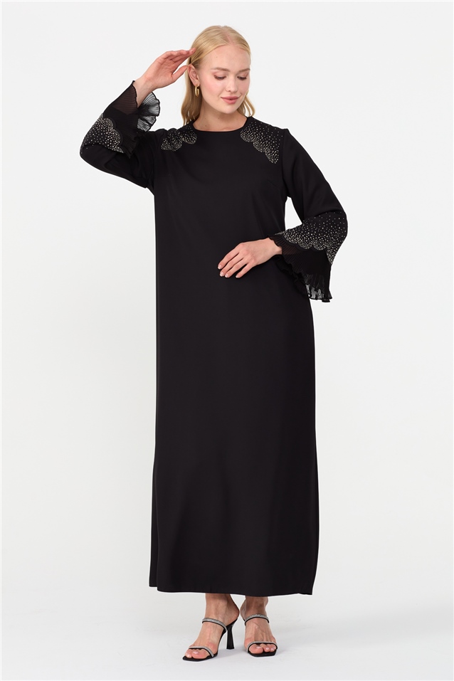 NİHAN Dress Nihan Büyük Beden Taş Detaylı Elbise  Siyah_modest