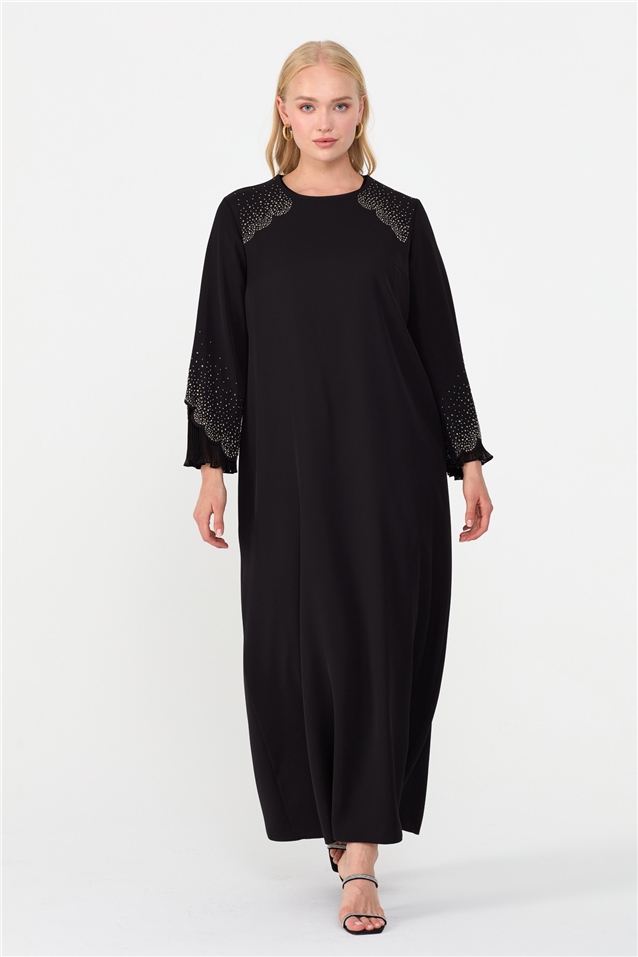 NİHAN Dress Nihan Büyük Beden Taş Detaylı Elbise  Siyah_modest