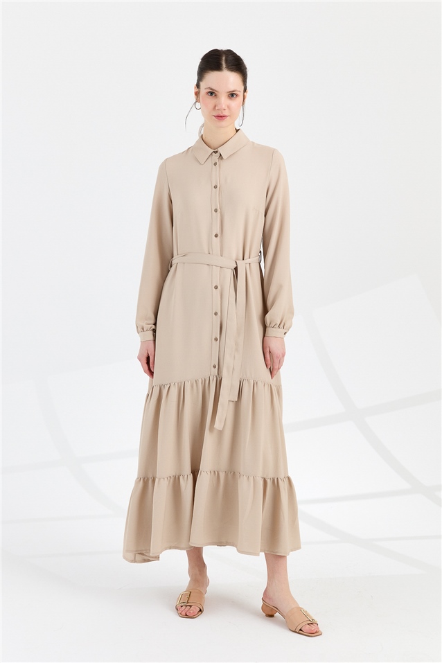 NİHAN Elbise Nihan Büzgü Detaylı Uzun Patlı Salaş Elbise  Vizon_modest