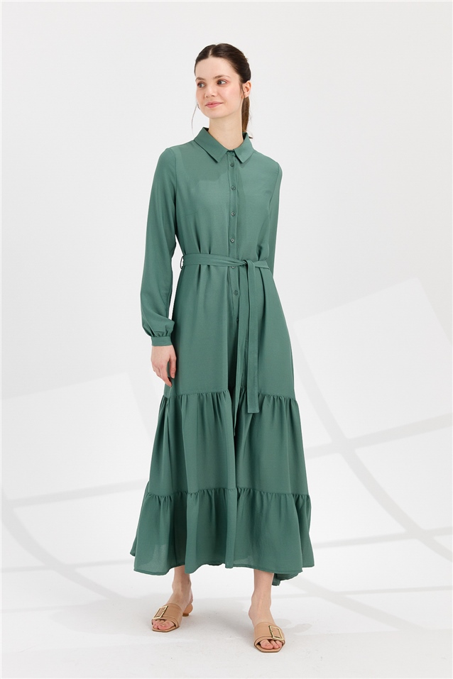 NİHAN Dress Nihan Büzgü Detaylı Uzun Patlı Salaş Elbise  Benetton Yeşili_modest