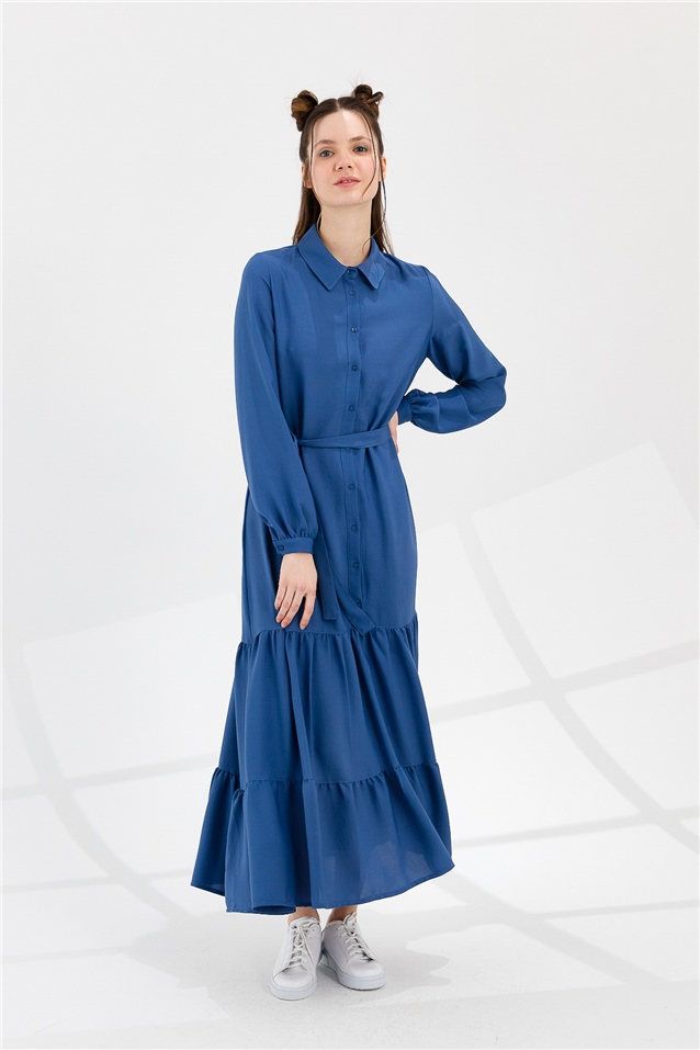 NİHAN Dress Nihan Büzgü Detaylı Uzun Patlı Salaş Elbise  İndigo_modest