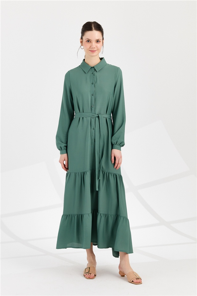 NİHAN Elbise Nihan Büzgü Detaylı Uzun Patlı Salaş Elbise  Benetton Yeşili_modest