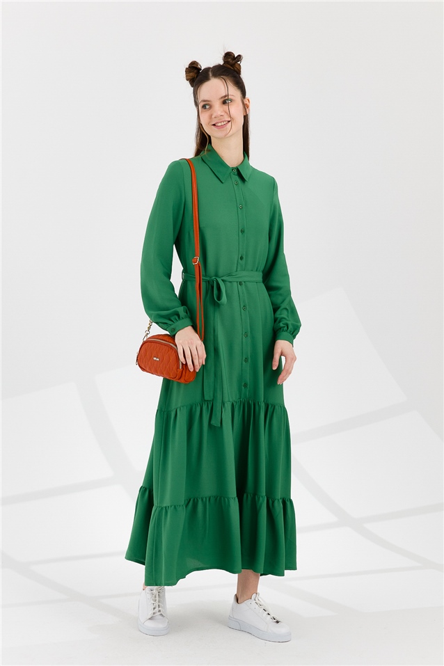 NİHAN Dress Nihan Büzgü Detaylı Uzun Patlı Salaş Elbise  Yeşil_modest