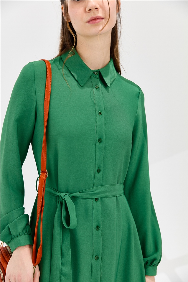NİHAN Dress Nihan Büzgü Detaylı Uzun Patlı Salaş Elbise  Yeşil_modest