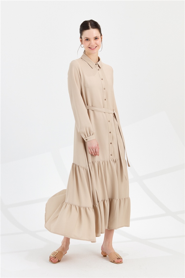 NİHAN Dress Nihan Büzgü Detaylı Uzun Patlı Salaş Elbise  Vizon_modest