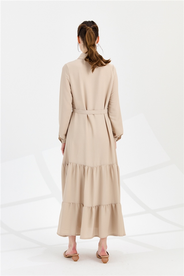 NİHAN Dress Nihan Büzgü Detaylı Uzun Patlı Salaş Elbise  Vizon_modest