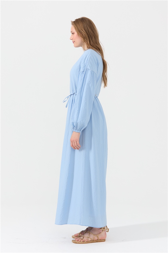 NİHAN Elbise Nihan Büzgülü Kollu Elbise  Açık Mavi_modest