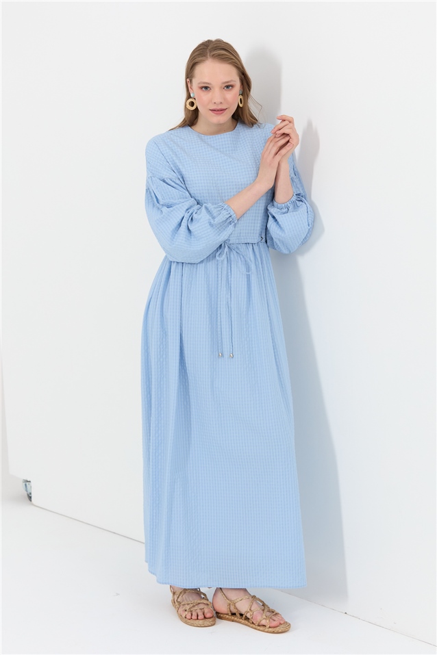 NİHAN Elbise Nihan Büzgülü Kollu Elbise  Açık Mavi_modest