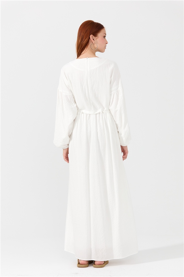NİHAN Dress Nihan Büzgülü Kollu Elbise  Ekru_modest