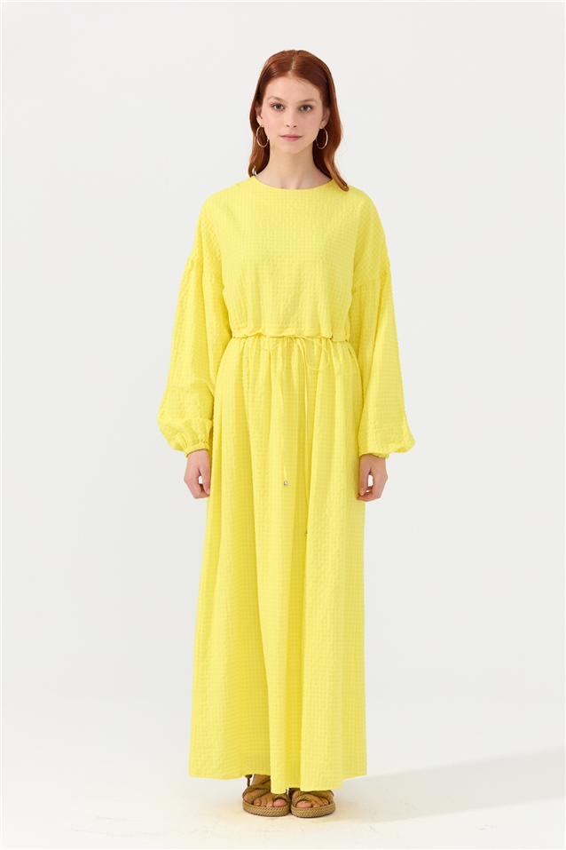 NİHAN Elbise Nihan Büzgülü Kollu Elbise  Sarı_modest