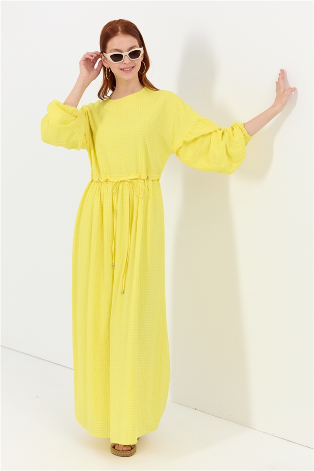 NİHAN Dress Nihan Büzgülü Kollu Elbise  Sarı_modest
