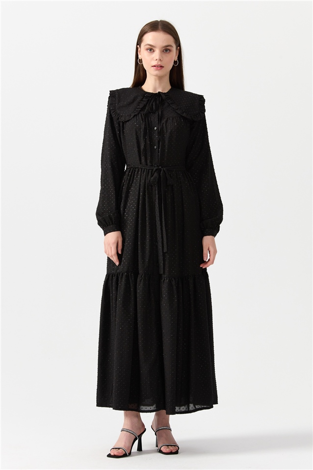 NİHAN Elbise Nihan Büzgülü  Seyyar Yakalı  Önden Düğmeli Elbise  Siyah_modest
