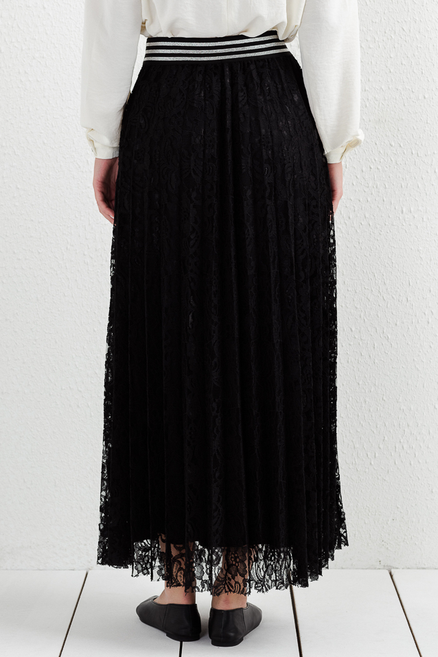 NİHAN Skirt Nihan Dantelli Pilise Etek  Siyah_modest