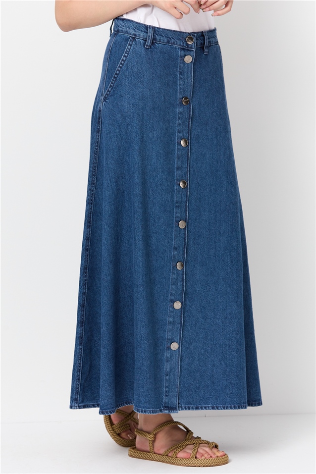NİHAN Skirt Nihan Düğme Detaylı  Kot Etek  İndigo_modest