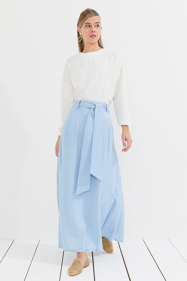 NİHAN Skirt Nihan Etek Altı Detaylı Poplin Etek  Açık Mavi_modest