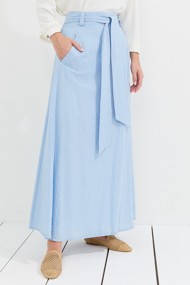 NİHAN Skirt Nihan Etek Altı Detaylı Poplin Etek  Açık Mavi_modest