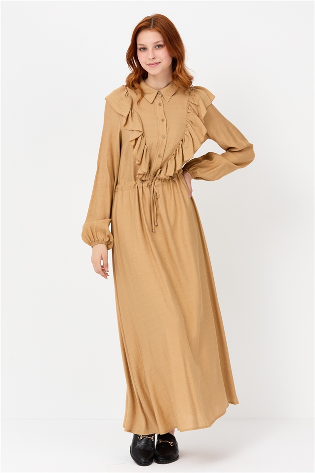 NİHAN Elbise Nihan Fırfırlı Gömlek Yaka Elbise  Camel_modest