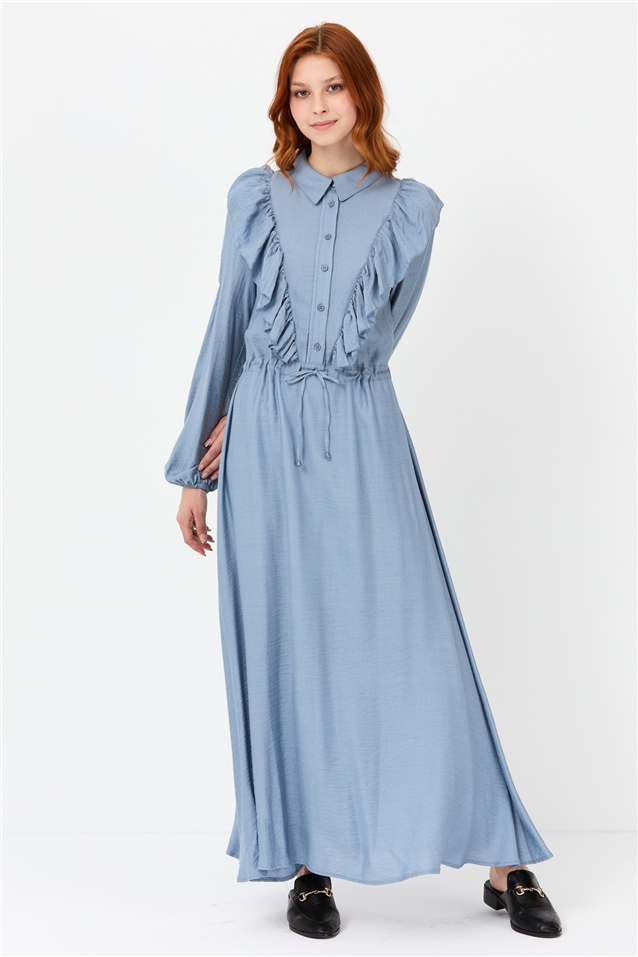NİHAN Elbise Nihan Fırfırlı Gömlek Yaka Elbise  Açık Mavi_modest