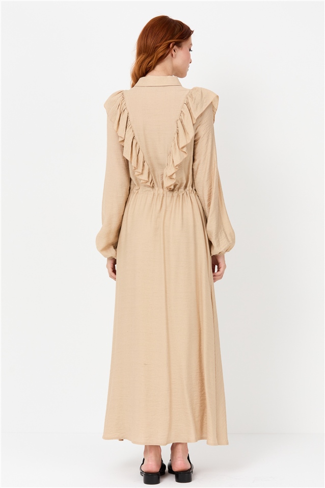 NİHAN Elbise Nihan Fırfırlı Gömlek Yaka Elbise  Bej_modest