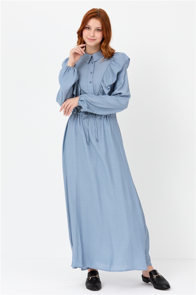 NİHAN Dress Nihan Fırfırlı Gömlek Yaka Elbise  Açık Mavi_modest
