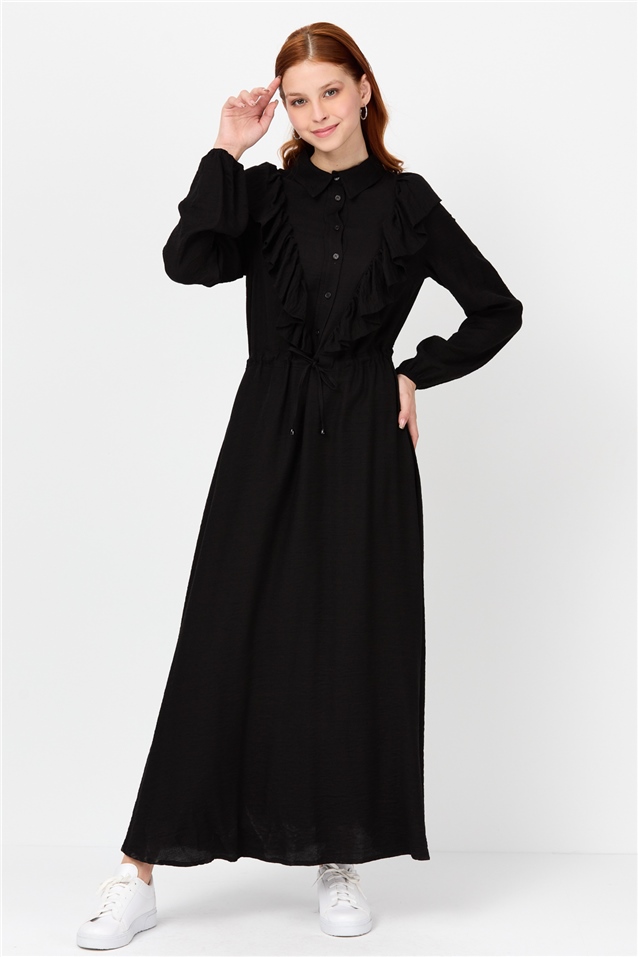 NİHAN Elbise Nihan Fırfırlı Gömlek Yaka Elbise  Siyah_modest