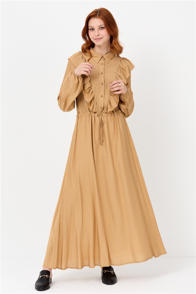 NİHAN Dress Nihan Fırfırlı Gömlek Yaka Elbise  Camel_modest