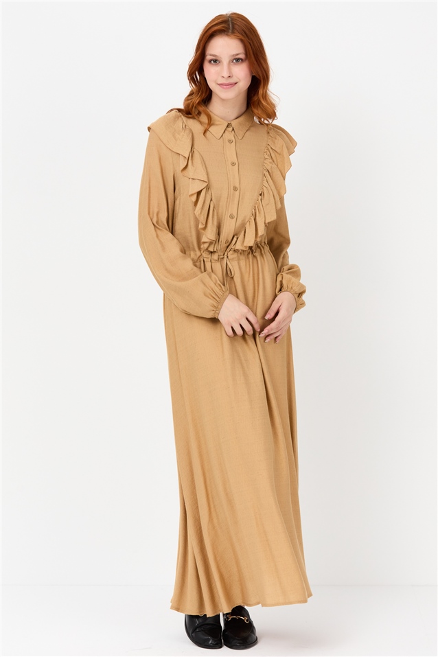NİHAN Elbise Nihan Fırfırlı Gömlek Yaka Elbise  Camel_modest