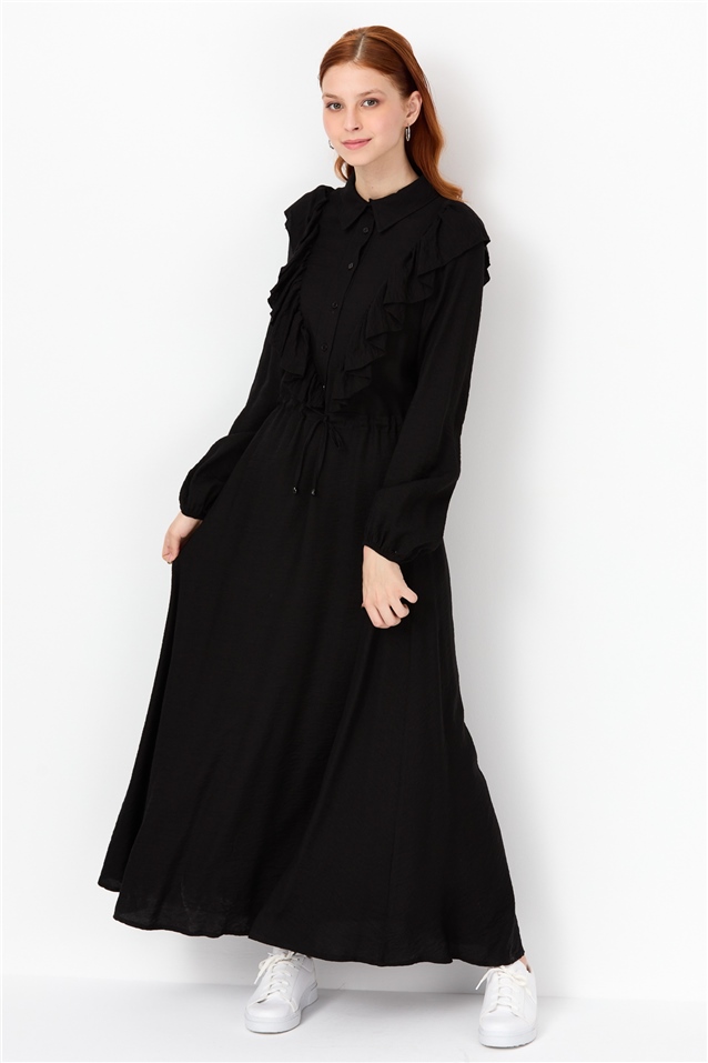 NİHAN Elbise Nihan Fırfırlı Gömlek Yaka Elbise  Siyah_modest