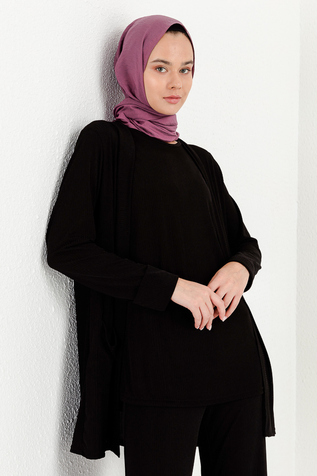 NİHAN Suits Nihan Fitilli Cepli İkili Takım  Siyah_modest
