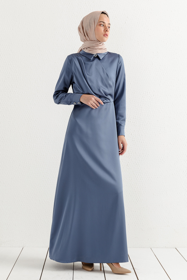 NİHAN Dress Nihan Gömlek Yaka Saten Elbise  İndigo_modest