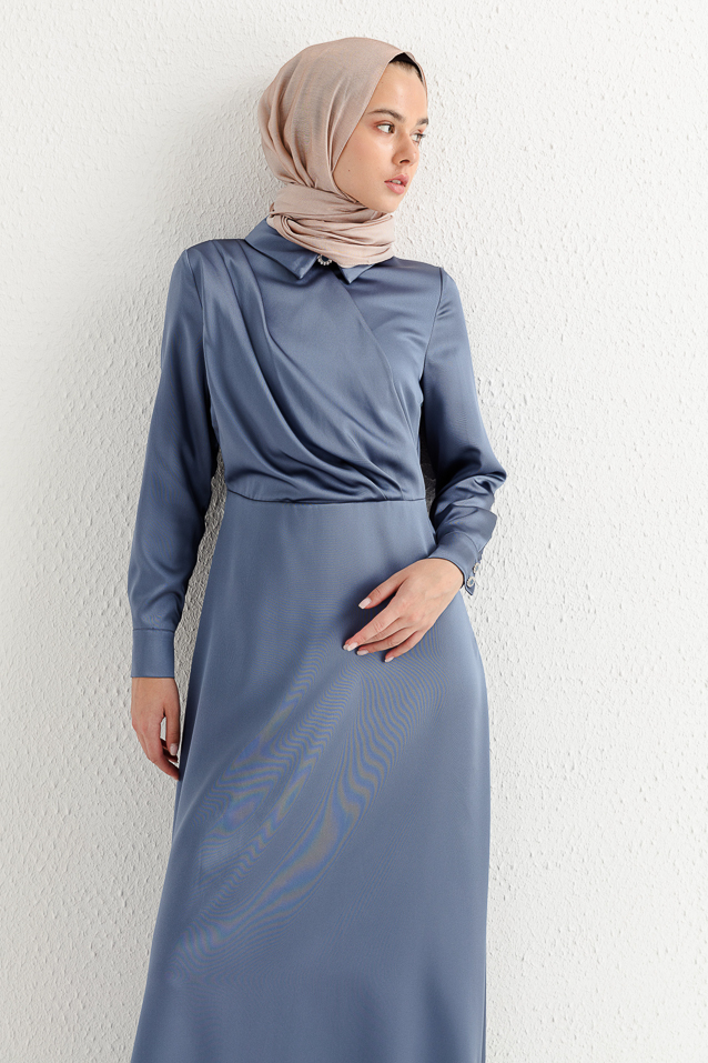 NİHAN Dress Nihan Gömlek Yaka Saten Elbise  İndigo_modest