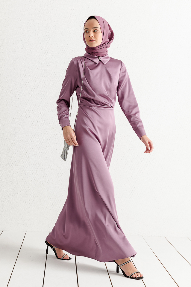 NİHAN Elbise Nihan Gömlek Yaka Saten Elbise  Mor_modest