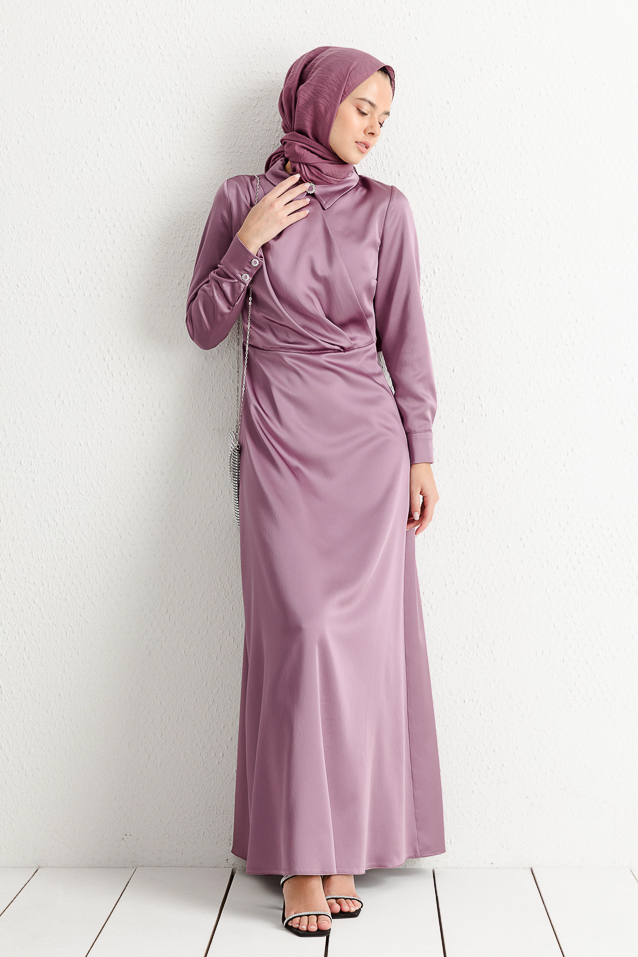 NİHAN Dress Nihan Gömlek Yaka Saten Elbise  Mor_modest