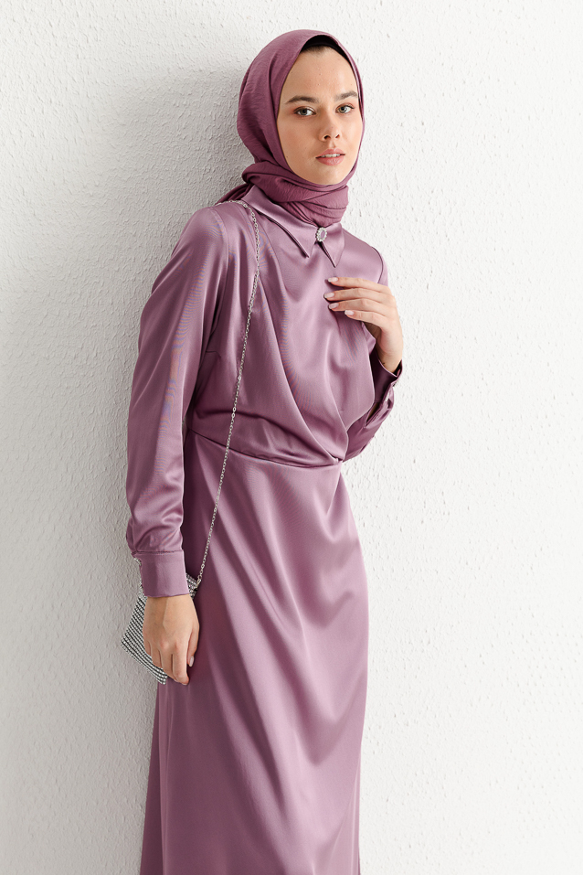 NİHAN Dress Nihan Gömlek Yaka Saten Elbise  Mor_modest