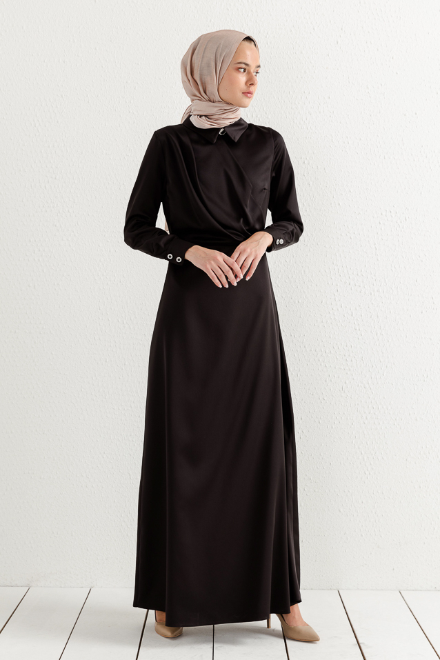 NİHAN Elbise Nihan Gömlek Yaka Saten Elbise  Siyah_modest