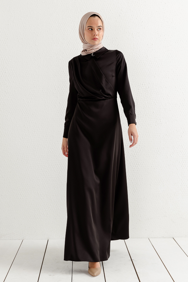 NİHAN Dress Nihan Gömlek Yaka Saten Elbise  Siyah_modest
