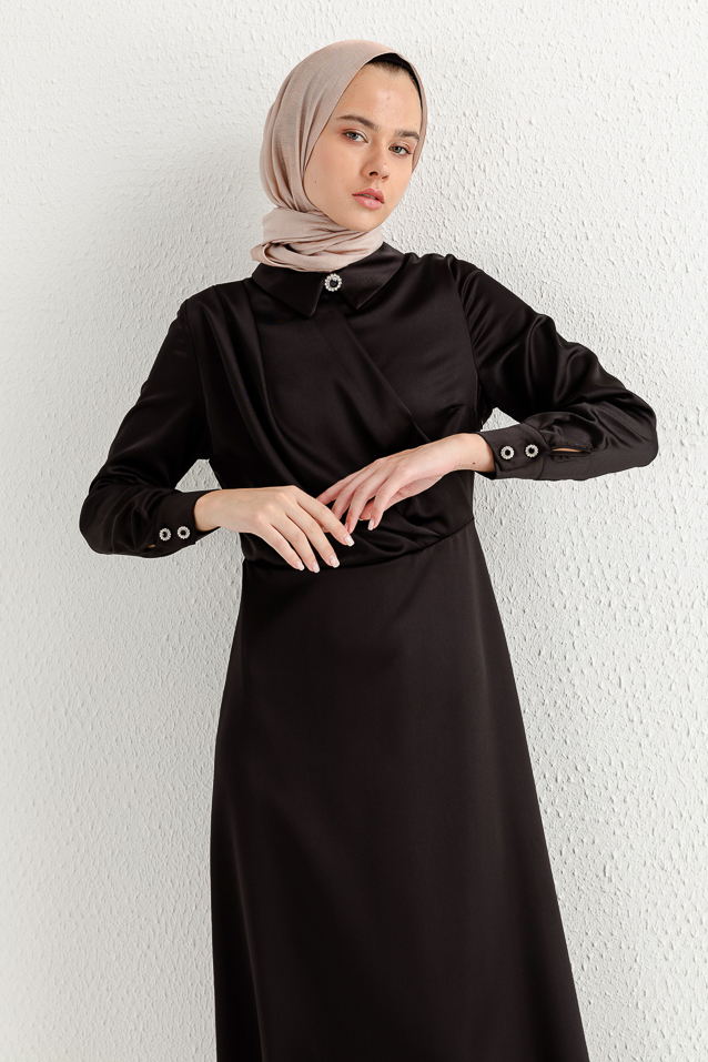 NİHAN Dress Nihan Gömlek Yaka Saten Elbise  Siyah_modest
