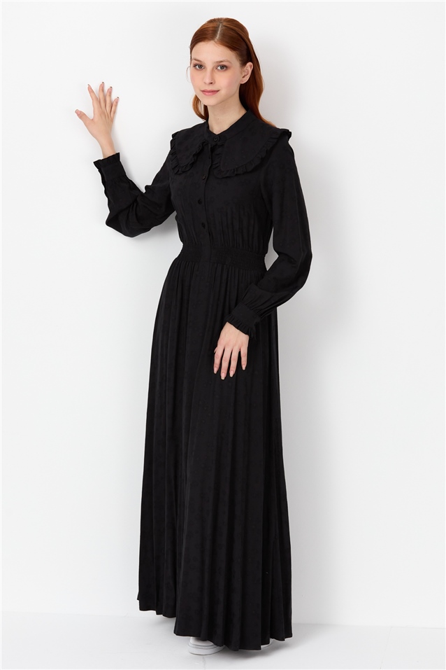 NİHAN Dress Nihan Hakim Yaka Beli Lastikli Elbise  Siyah_modest